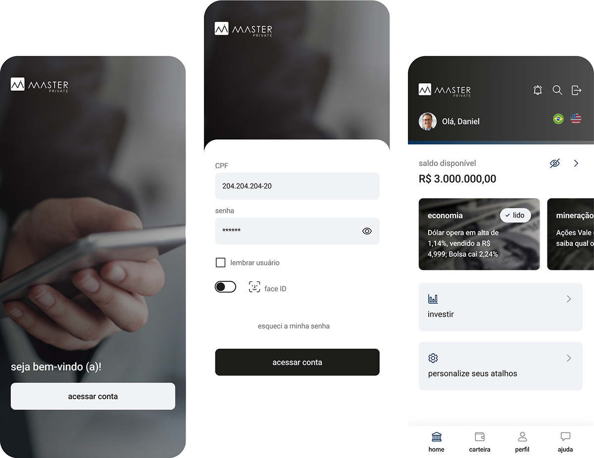 Telas de login e página inicial do aplicativo