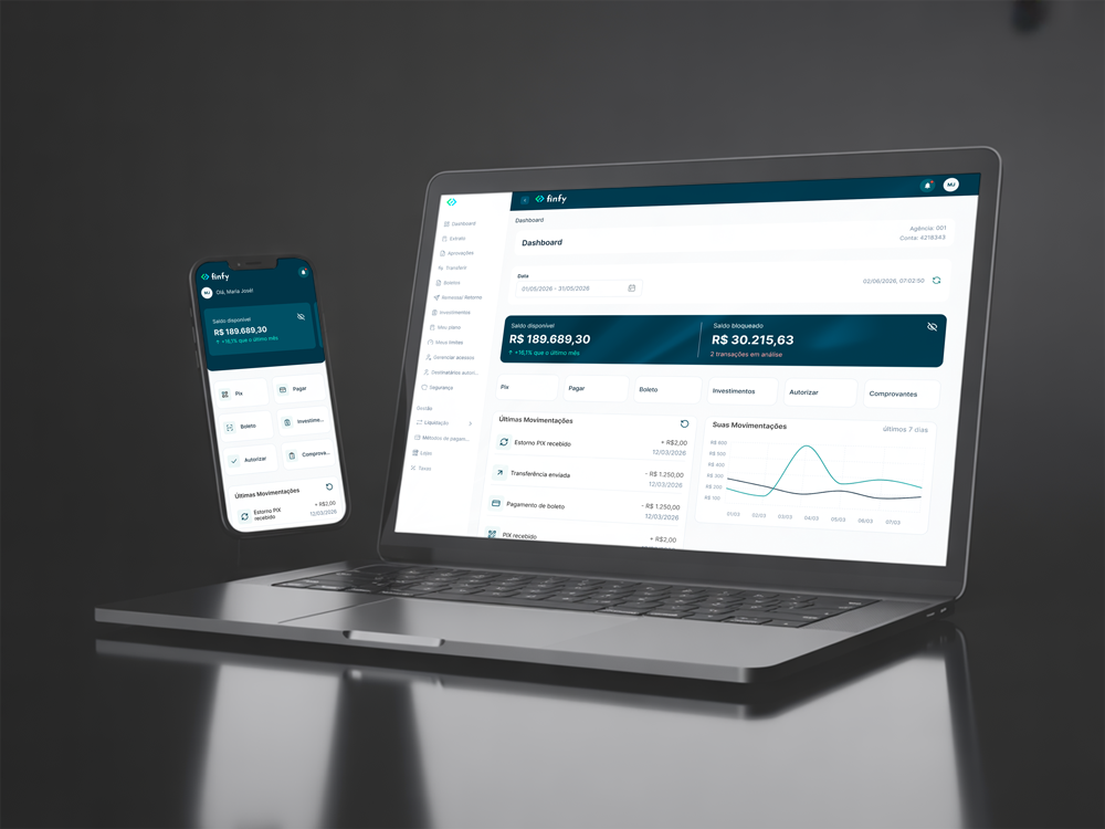 Internet Banking Finfy em mockups de monitor e notebook