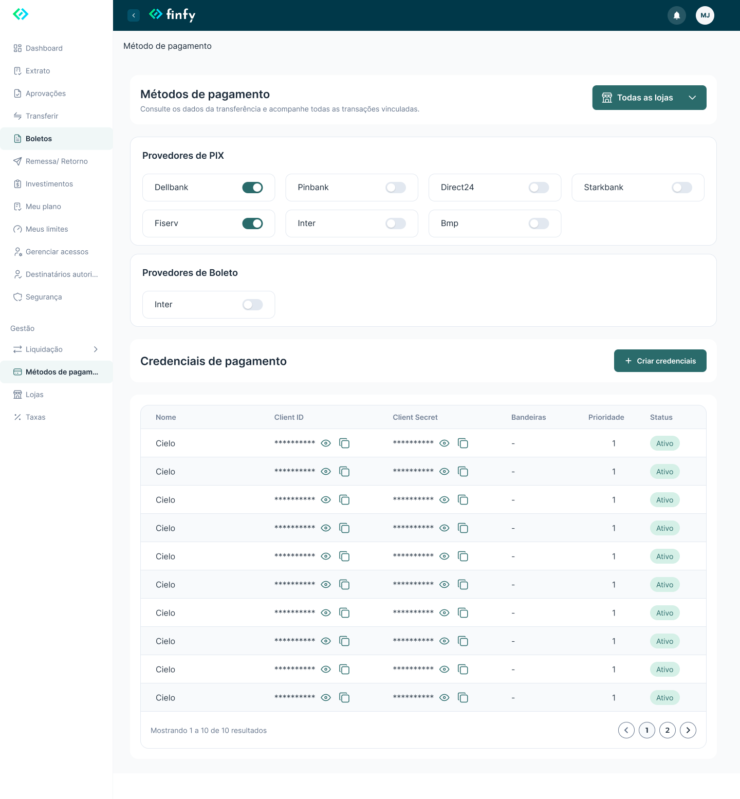 Configuração de métodos de pagamento