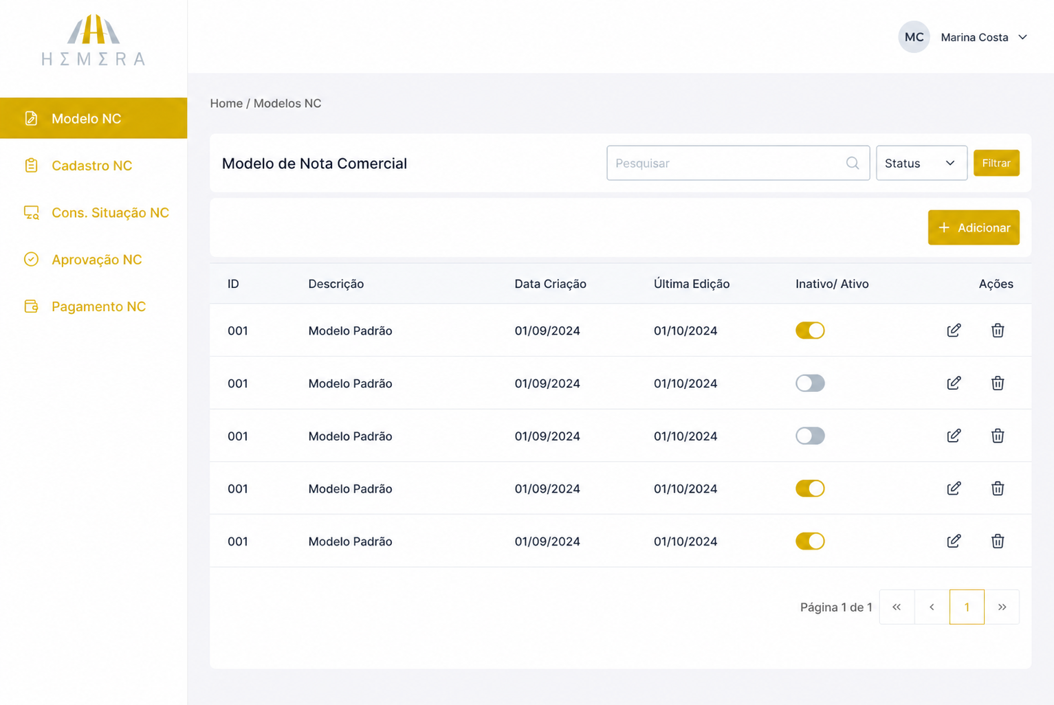 Lista de modelos de Nota Comercial no portal HEMERA