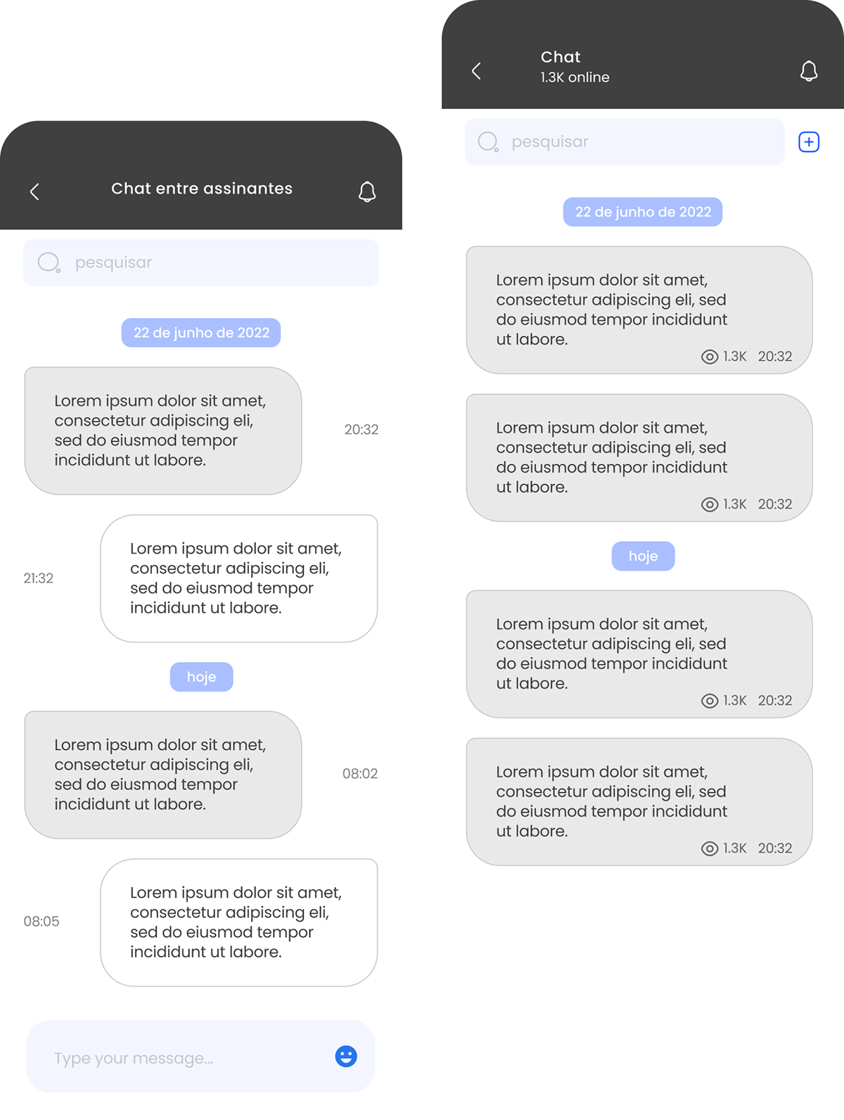 Telas da comunidade e conversa no aplicativo