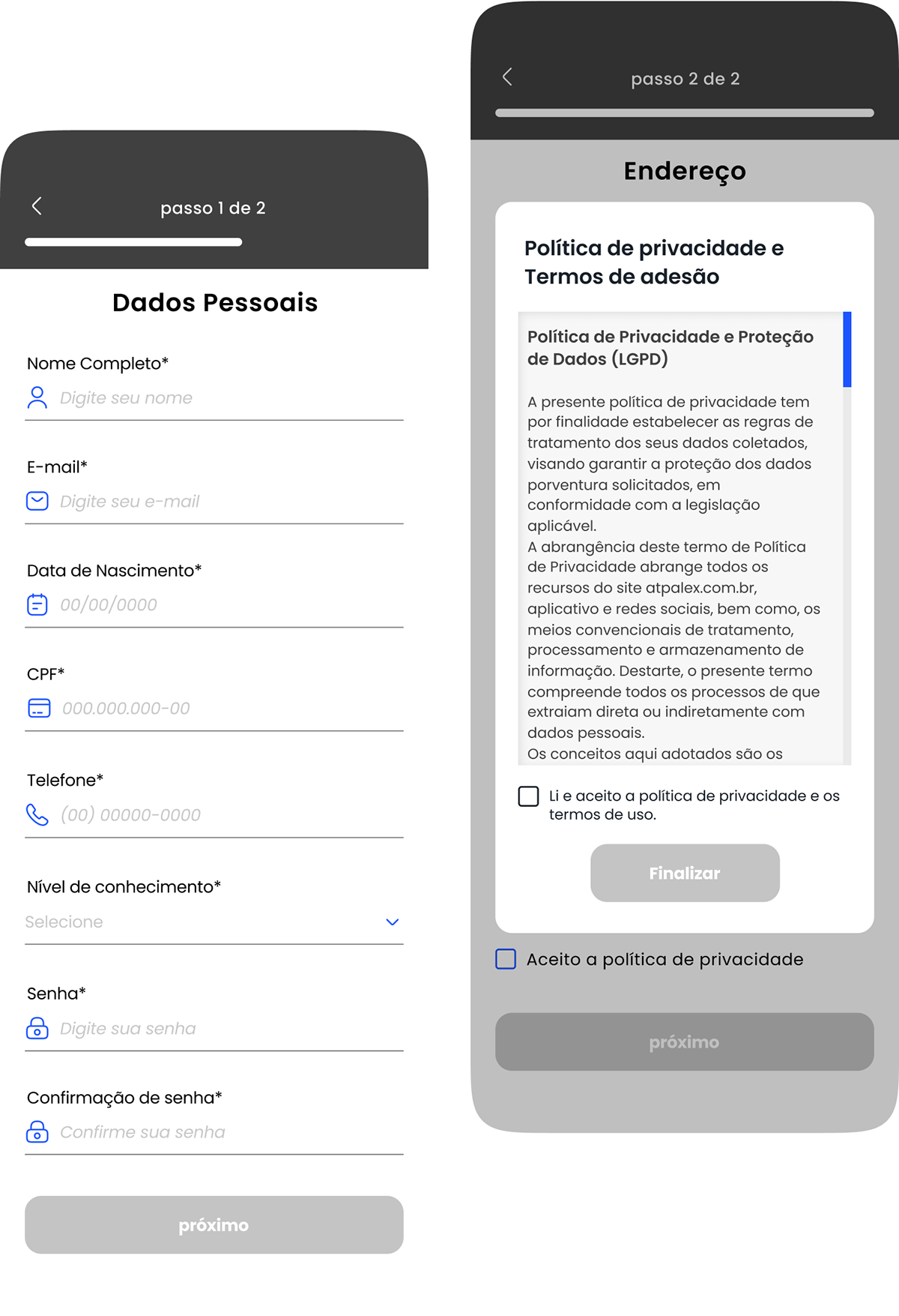 Telas de cadastro e aceite de privacidade do aplicativo