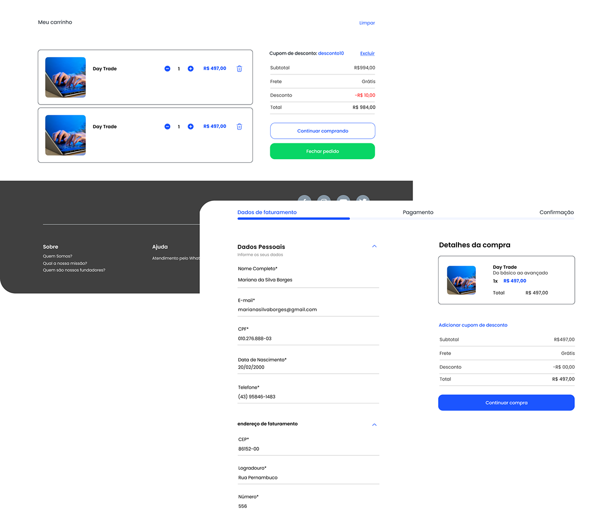 Telas do carrinho e dados de cobrança do site